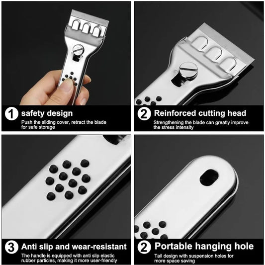 Stainless Steel Hob Scraper Kitchen Glass&Ceramic Scraper with Replacement Blades Wall Floor Window Cleaning Scraper Tools