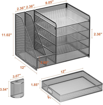 Grey 5 Tier Mesh Desk Organizer With Drawer And File Trays