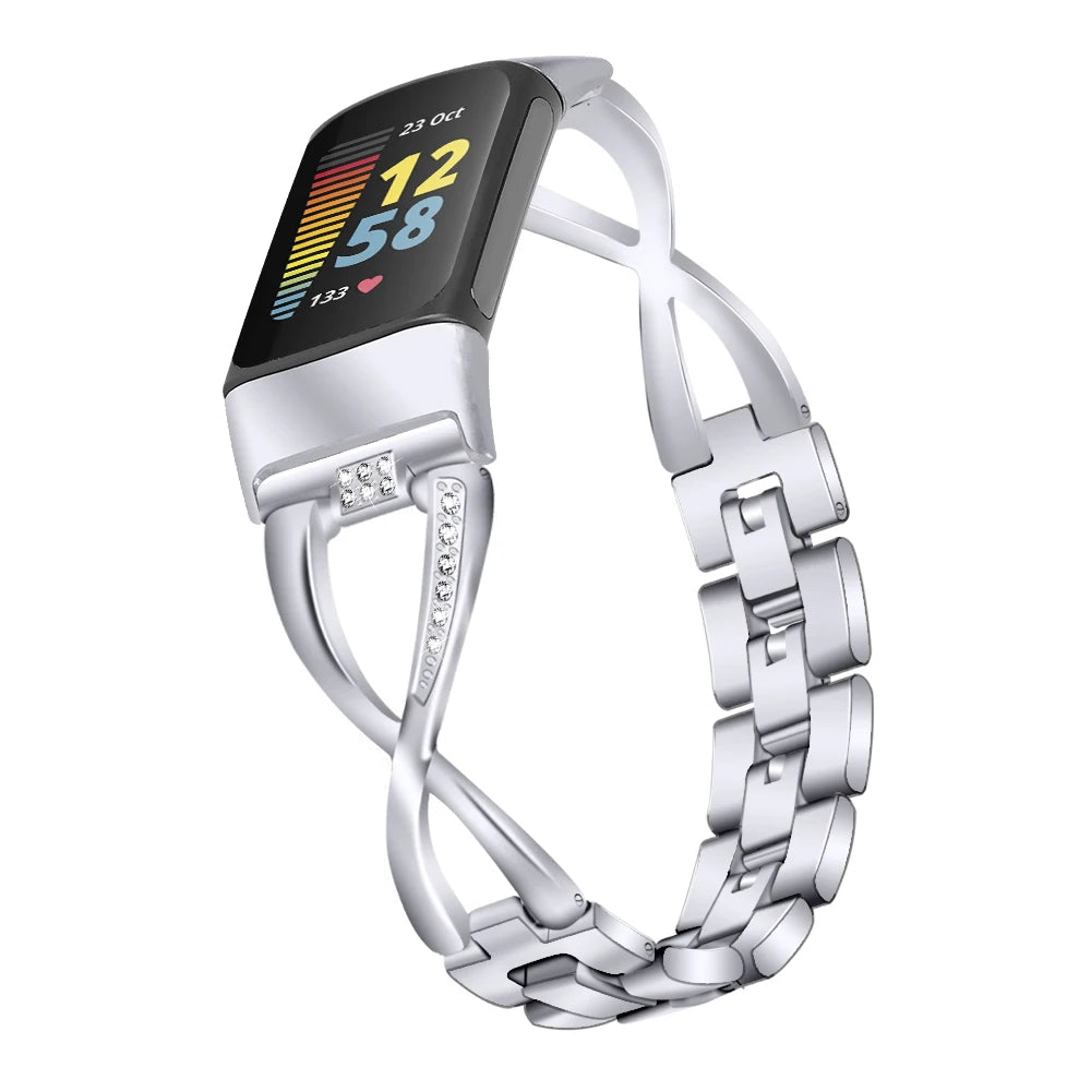 For Fitbit charge 6 5 strap Stainless Steel band X-Shape Metal diamond smart watch band for fitbit charge 5 6 bracelet correa