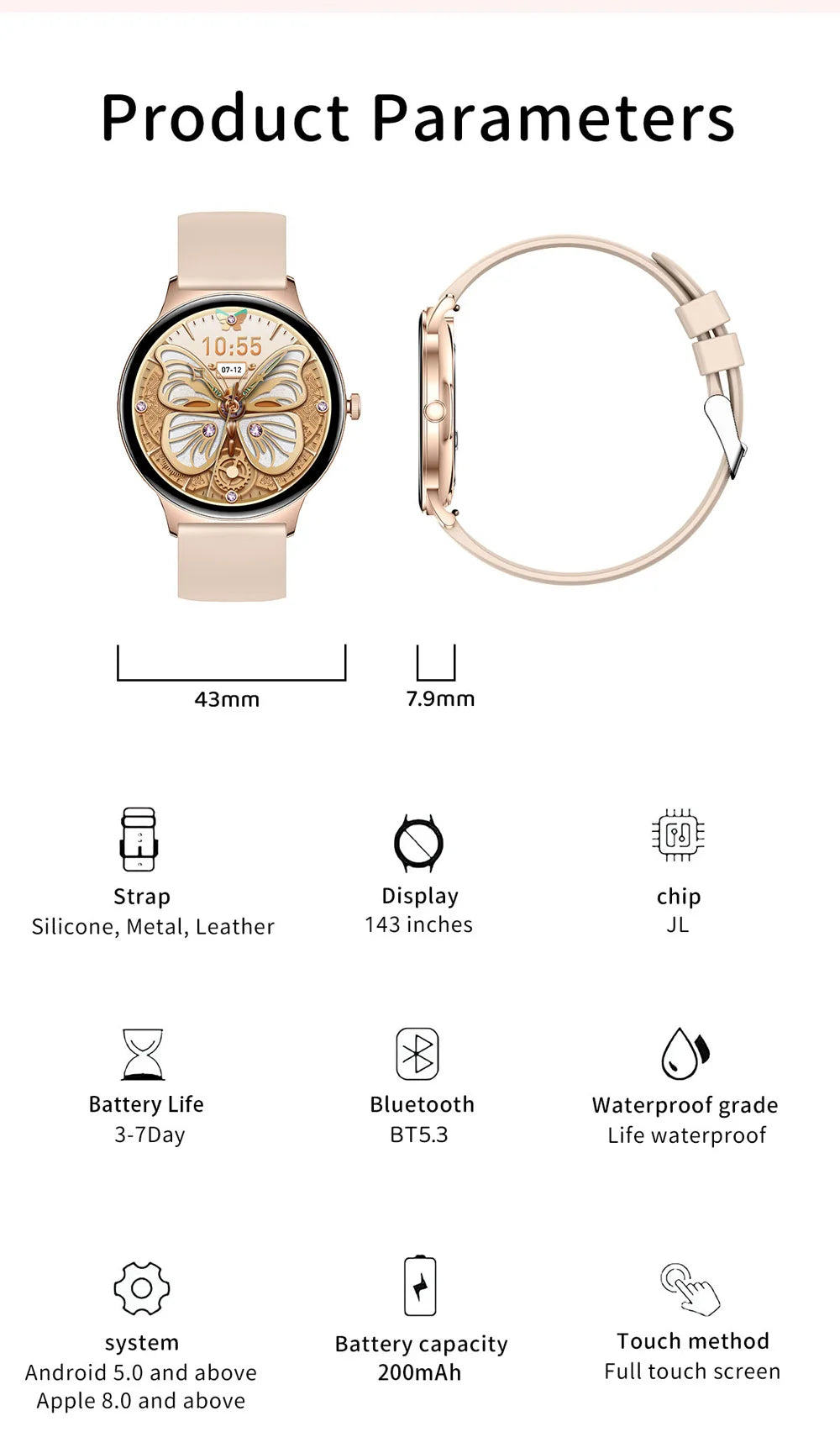 COLMI V89 Women's Smartwatch 1.43” AMOLED Display Bluetooth Phone Calls Health Tracker Waterproof Bluetooth Smart Watch