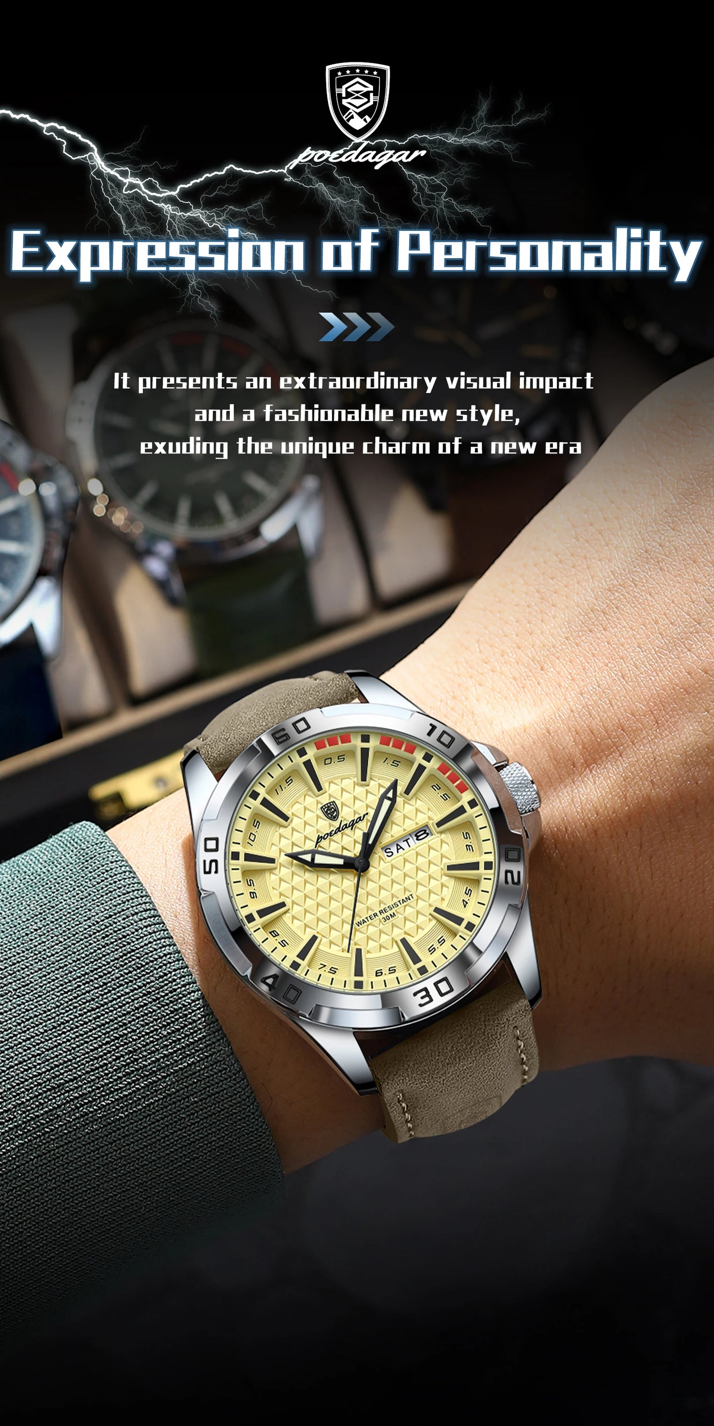 POEDAGAR Original Business Man Wristwatch Waterproof Luminous Date Week Casual Watch For Men Quartz Leather Luxury Fashion Men's Watches Reloj