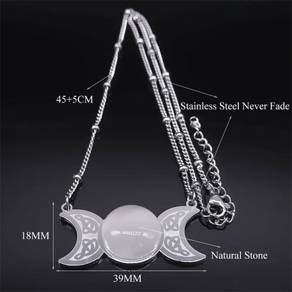 New Witchcraft Triple Moon Pendant Celtic Witch Knot Necklace Wicca Stainless Steel Opal Stone Triple  Goddess Necklaces Jewelry