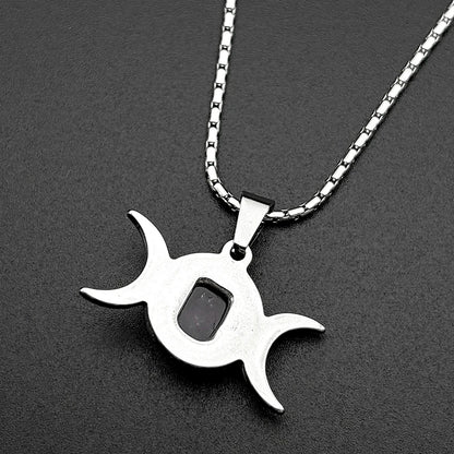 Witchcraft Triple Moon Amethyst Pendant Necklace Wicca Stainless Steel Gold Color Triple Goddess Chain Necklaces Jewelry Gift