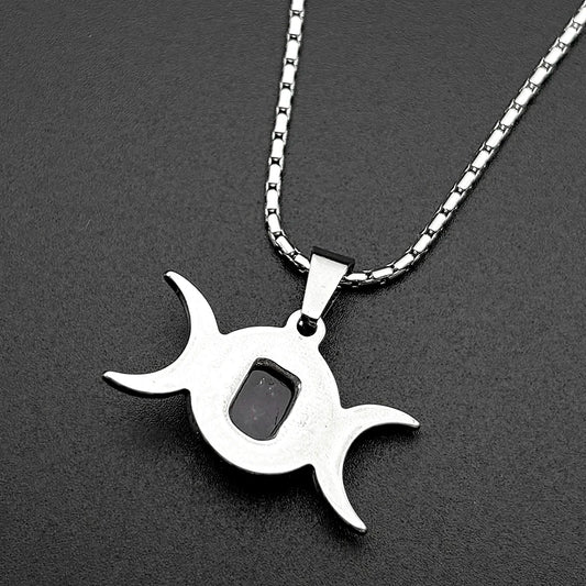 Witchcraft Triple Moon Amethyst Pendant Necklace Wicca Stainless Steel Gold Color Triple Goddess Chain Necklaces Jewelry Gift