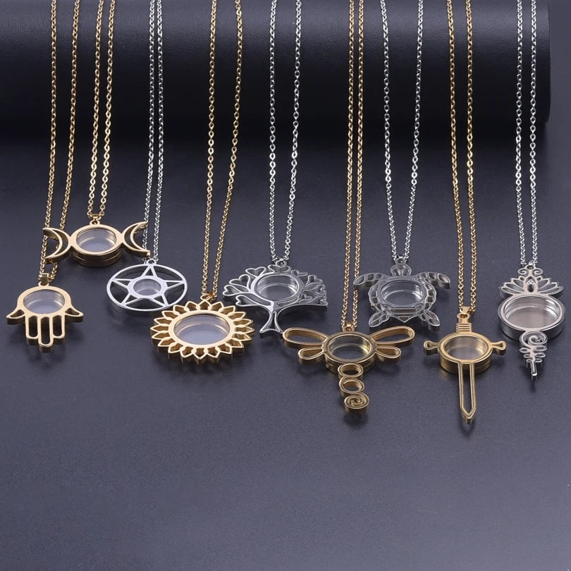 1Pc Gothic Moon Cross Round Memory Relicario Pendant Necklaces Jewelry Animal Glass Floating Cremation Ashes Locket Men Collares