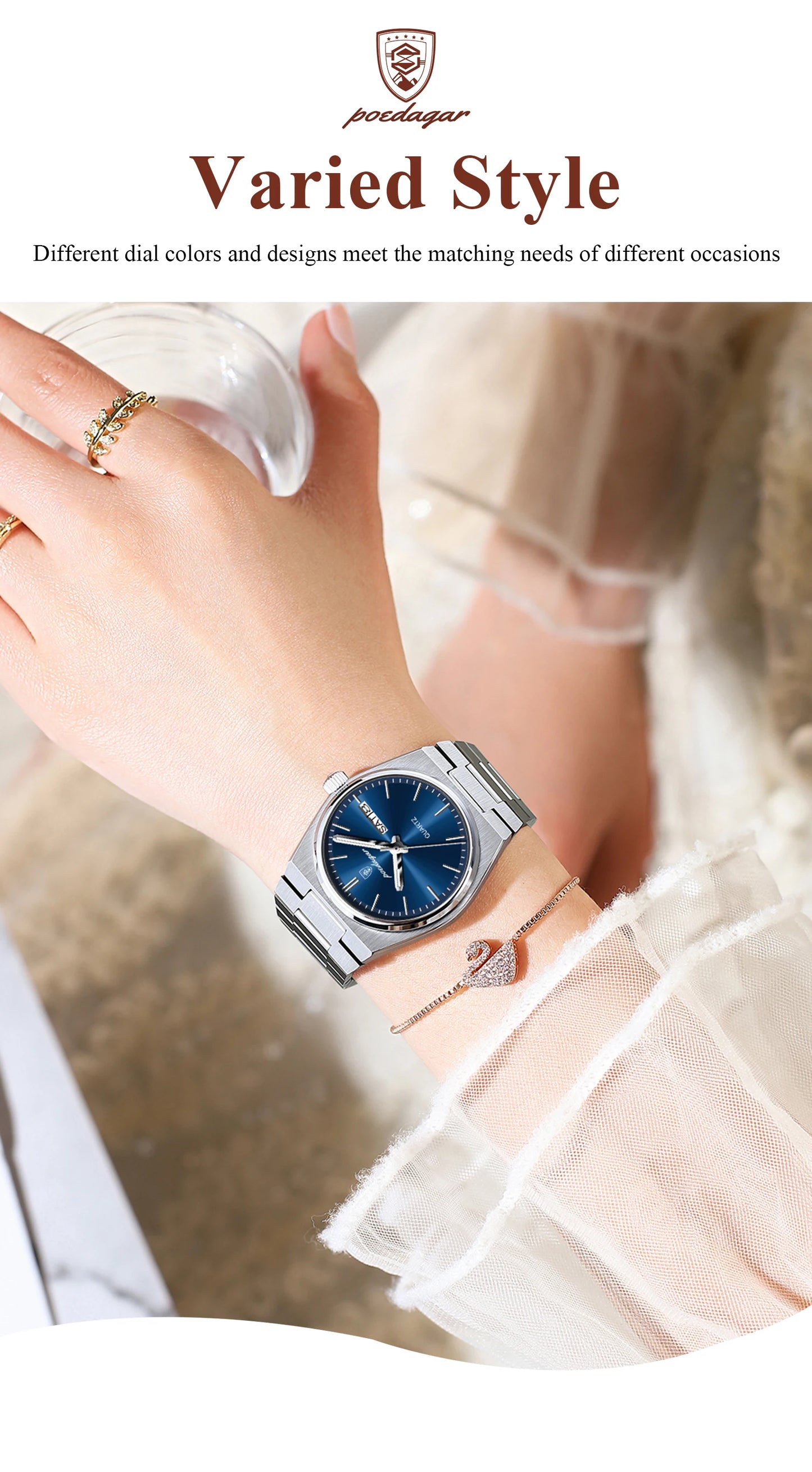 POEDAGAR Top Exquisite Woman Wristwatch Waterproof Luminous Quartz Casual Ladies Watch Date Week Stainless Steel Women's Watches