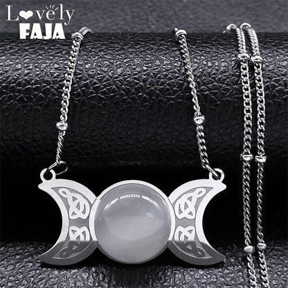 New Witchcraft Triple Moon Pendant Celtic Witch Knot Necklace Wicca Stainless Steel Opal Stone Triple  Goddess Necklaces Jewelry