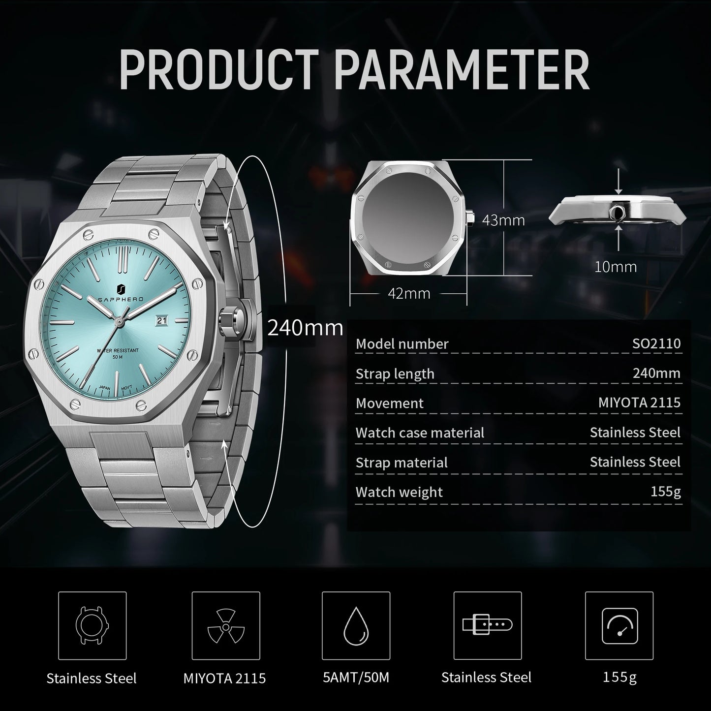 SAPPHERO Fashion Men's Watches Stainless Steel Watches Men's Business Watches Date Display Waterproof Men's Watches For Men
