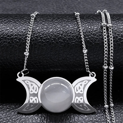 New Witchcraft Triple Moon Pendant Celtic Witch Knot Necklace Wicca Stainless Steel Opal Stone Triple  Goddess Necklaces Jewelry