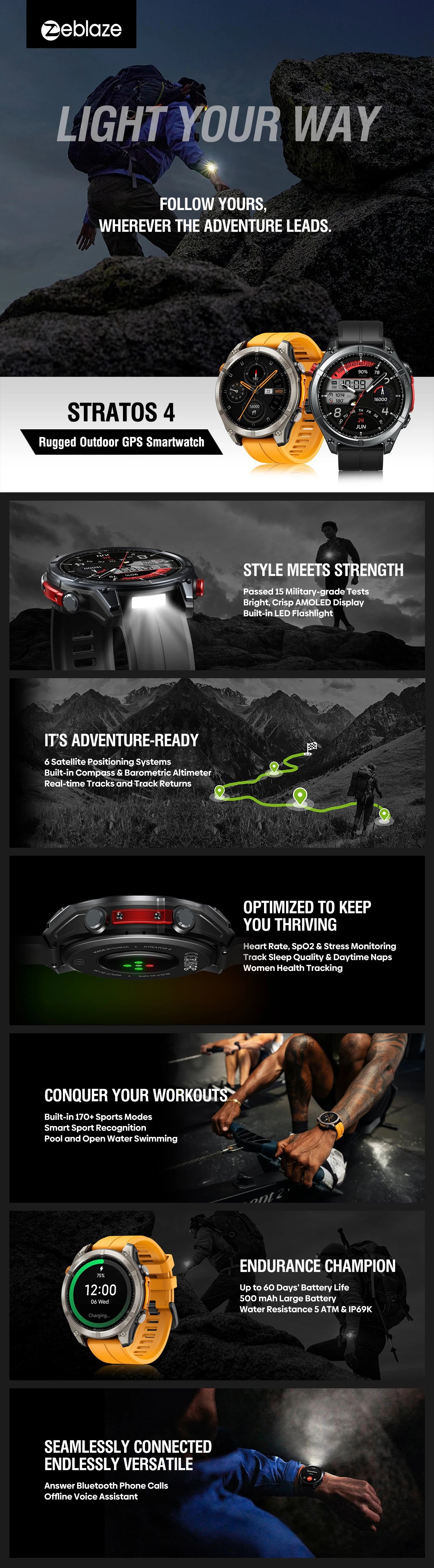 NEW 2025 Zeblaze Stratos 4 GPS Smartwatch 1.43" AMOLED Screen Compass Barometric Altimeter Flashlight Voice Calling Smart Watch
