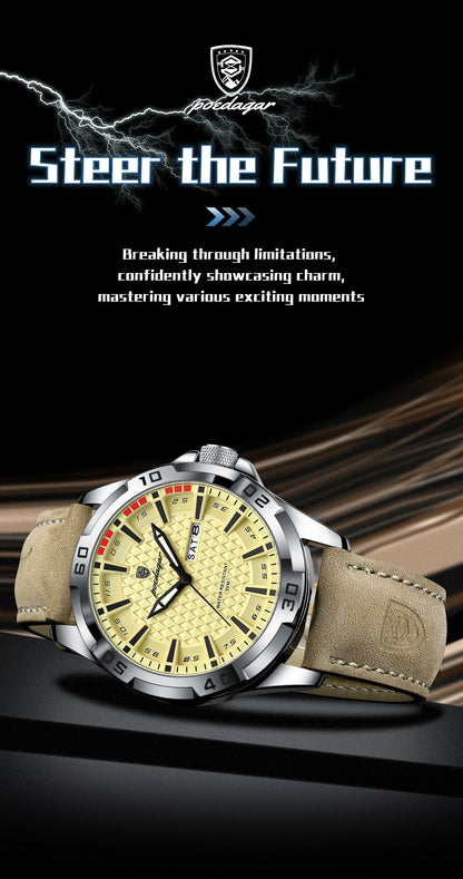 POEDAGAR Original Business Man Wristwatch Waterproof Luminous Date Week Casual Watch For Men Quartz Leather Luxury Fashion Men's Watches Reloj