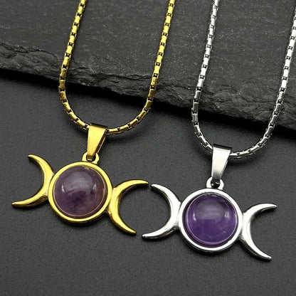 Witchcraft Triple Moon Amethyst Pendant Necklace Wicca Stainless Steel Gold Color Triple Goddess Chain Necklaces Jewelry Gift