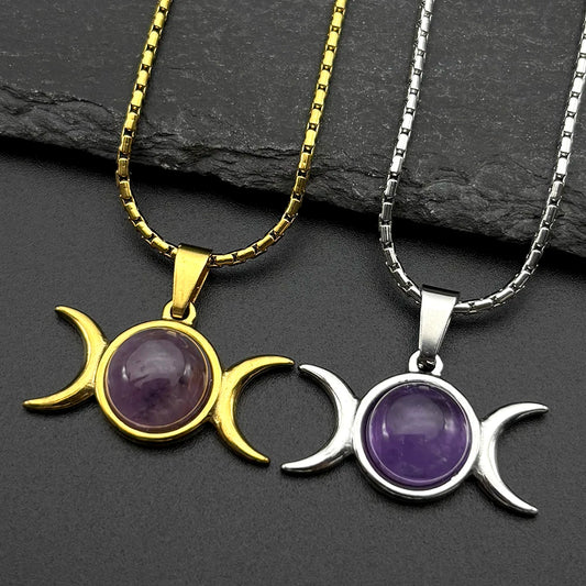 Witchcraft Triple Moon Amethyst Pendant Necklace Wicca Stainless Steel Gold Color Triple Goddess Chain Necklaces Jewelry Gift