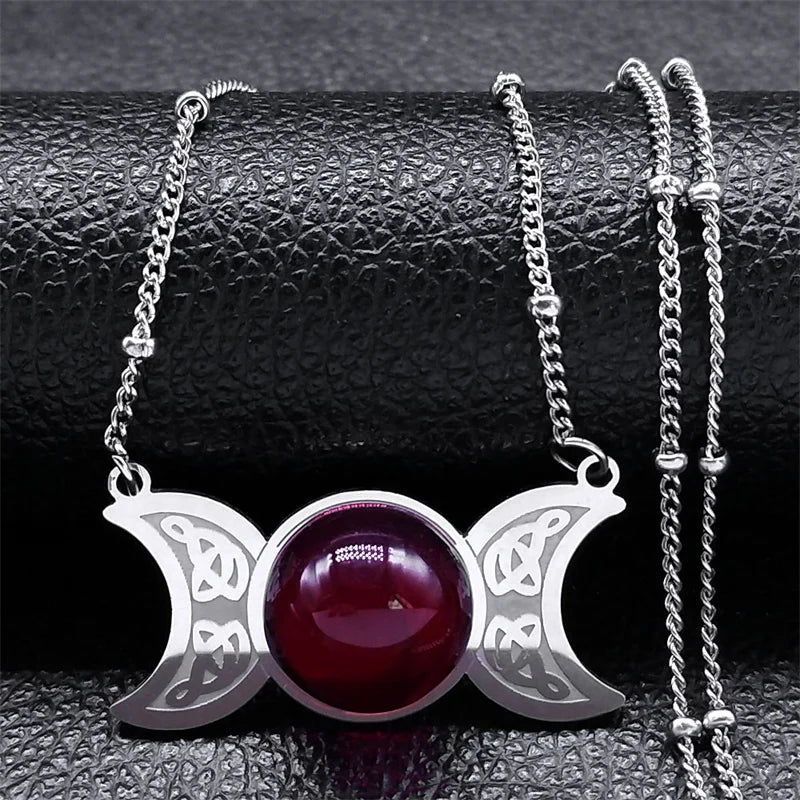 New Witchcraft Triple Moon Pendant Celtic Witch Knot Necklace Wicca Stainless Steel Opal Stone Triple  Goddess Necklaces Jewelry