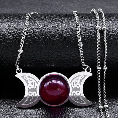 New Witchcraft Triple Moon Pendant Celtic Witch Knot Necklace Wicca Stainless Steel Opal Stone Triple  Goddess Necklaces Jewelry