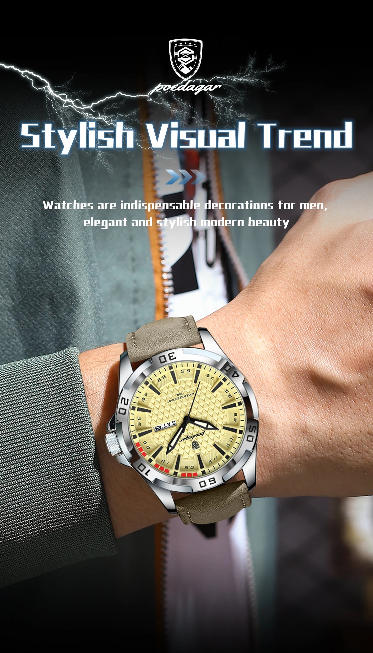 POEDAGAR Original Business Man Wristwatch Waterproof Luminous Date Week Casual Watch For Men Quartz Leather Luxury Fashion Men's Watches Reloj
