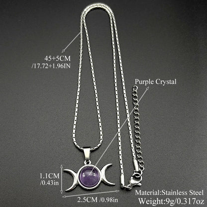 Witchcraft Triple Moon Amethyst Pendant Necklace Wicca Stainless Steel Gold Color Triple Goddess Chain Necklaces Jewelry Gift