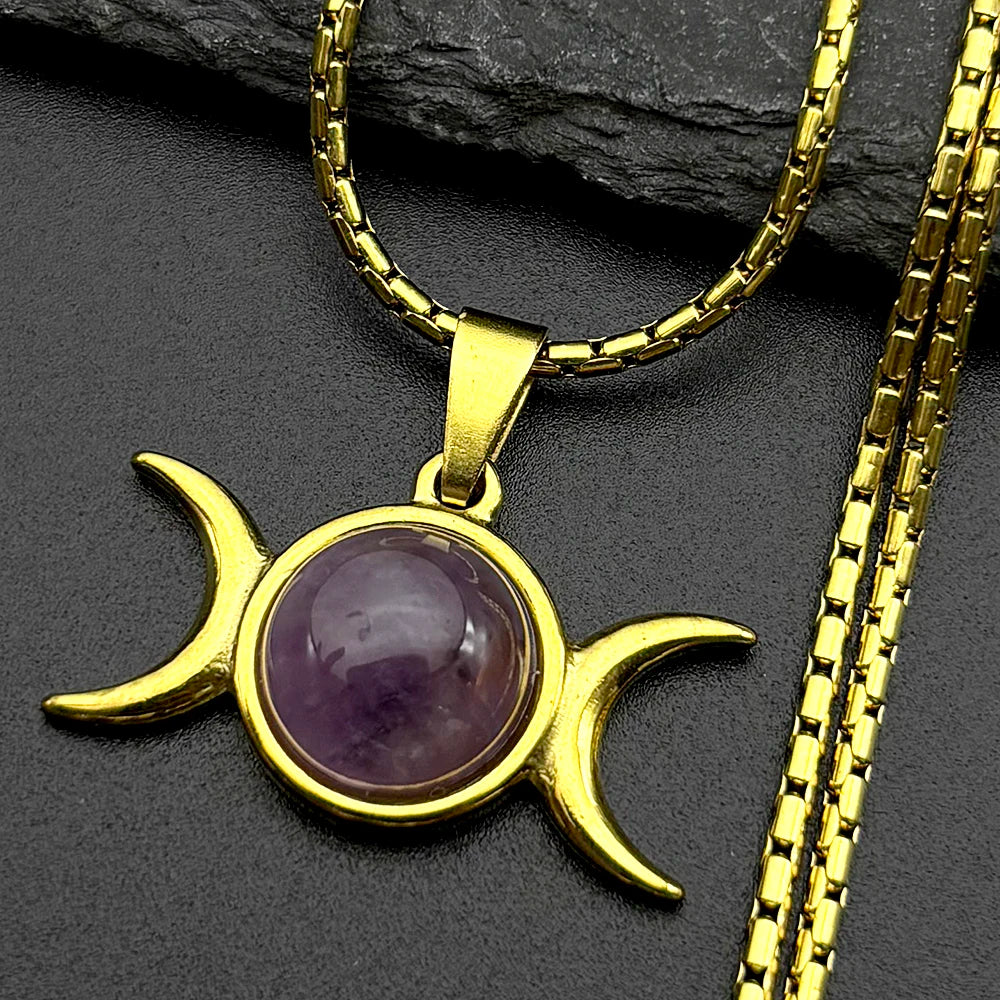 Witchcraft Triple Moon Amethyst Pendant Necklace Wicca Stainless Steel Gold Color Triple Goddess Chain Necklaces Jewelry Gift