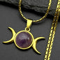 Witchcraft Triple Moon Amethyst Pendant Necklace Wicca Stainless Steel Gold Color Triple Goddess Chain Necklaces Jewelry Gift